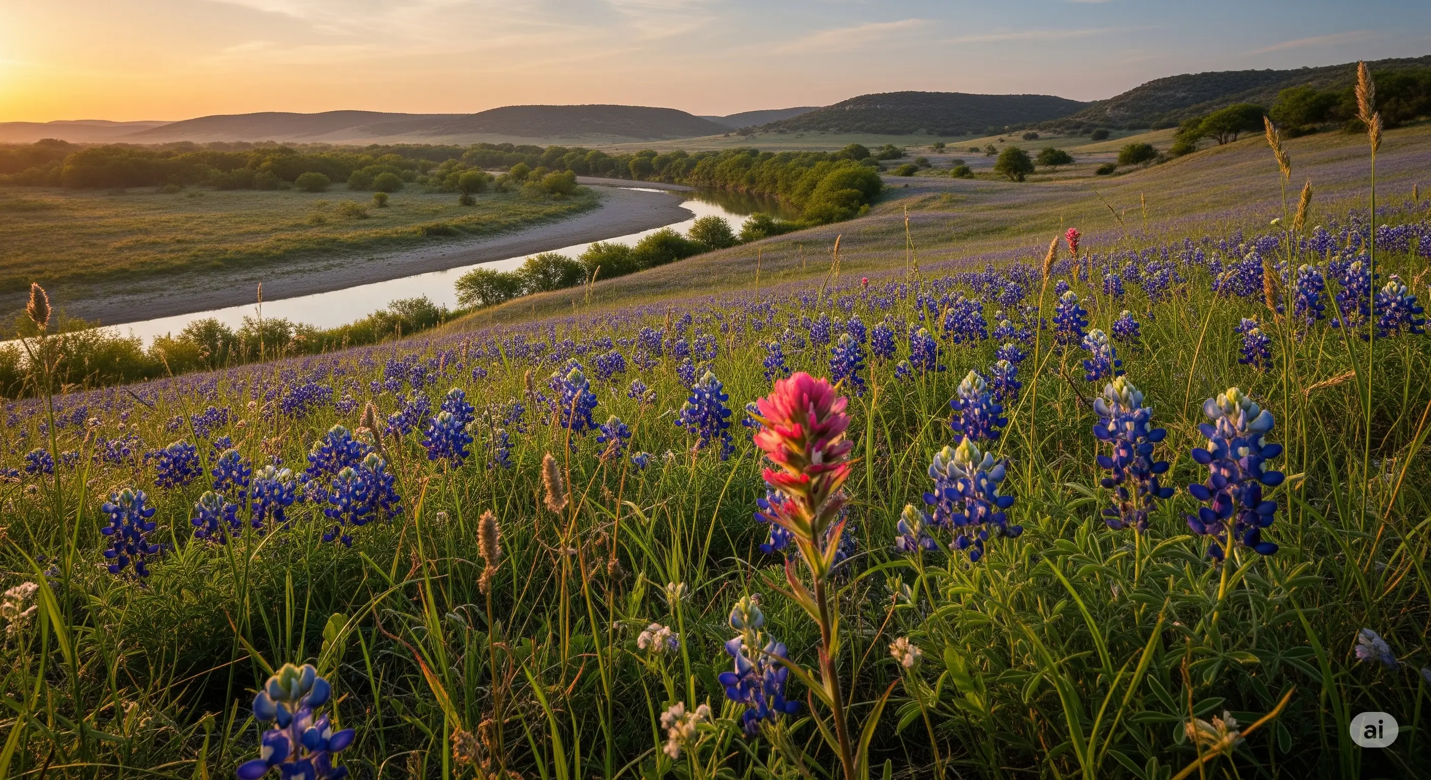 A vibrant Texas landscape with bluebonnets and a river at sunset.